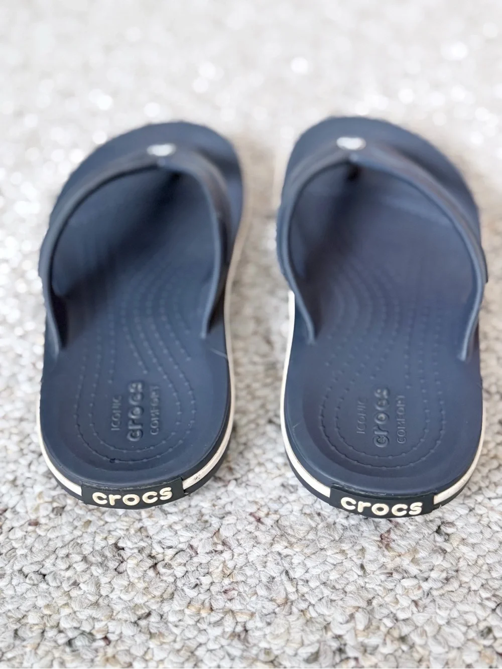 CROCS Juniors Dark Blue Flip Flop Sandals with White Trim | Size J3